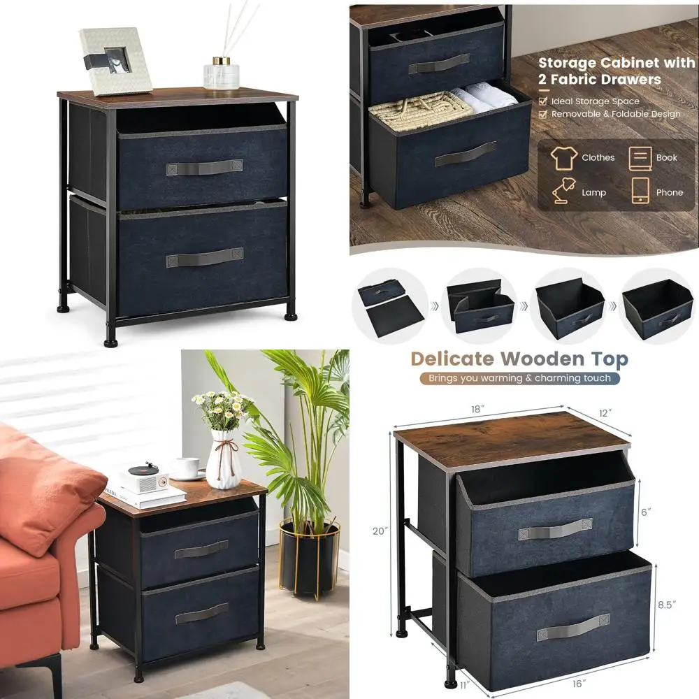 

Two-Drawer Nightstand with Removable Fabric Bins, Small Dresser, Wood Top, Metal Frame, Pull Handle, Sturdy and Space-Saving End