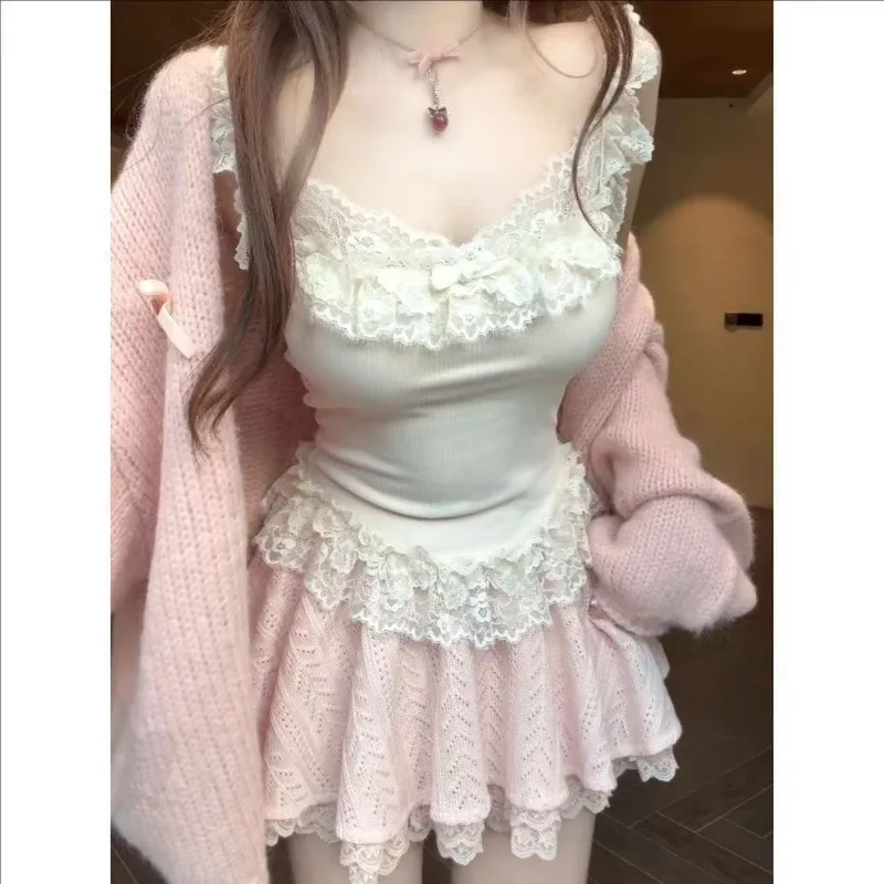 

Spring Autumn New Patchwork Sweet 2-Piece Set French Style Elegant Slim Fit Outfits Harajuku Chic Camisole + Skirt Suit 2026 New