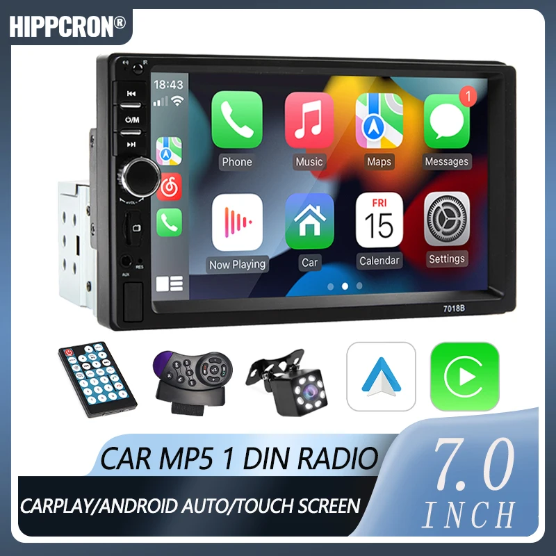 Hippcron 7“ 1 Din Car Radio Carplay Android Auto Multimedia Player HD Touch Screen Bluetooth MirrorLink Autoradio FM AUX Input