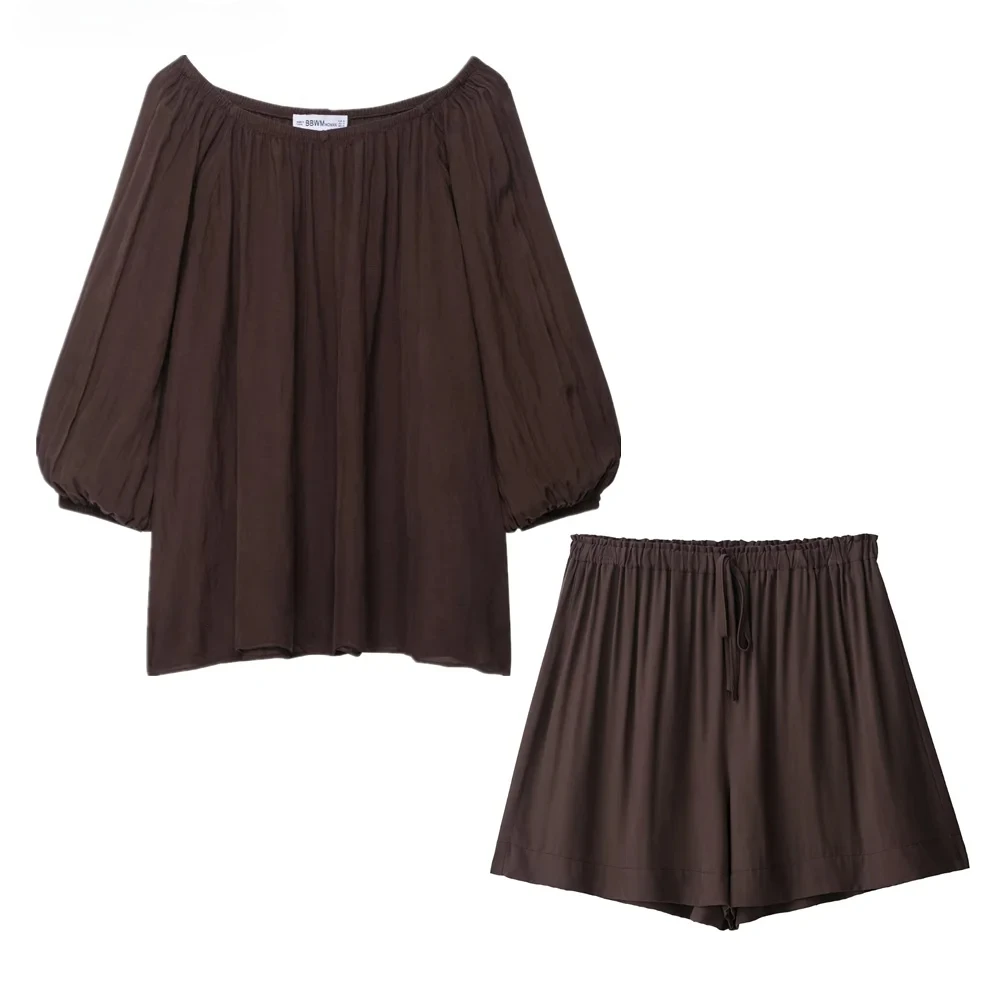 

2 шт., 1 комплект, 2025 ШИКАР, женская свободная льняная рубашка с разрезными плечами и рукавами 3/4, прямые мини-шорты с эластичной резинкой на талии и задним карманом