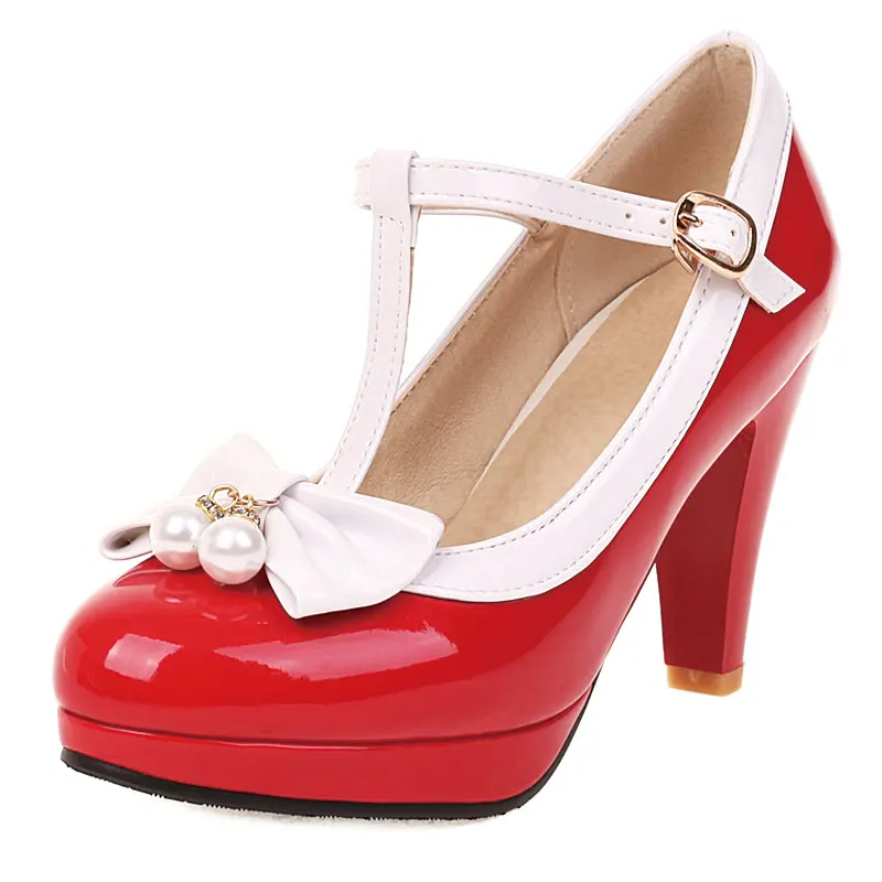 Sgesvier 2022 New Women Platform Pumps Round Toe Middle Thick Heels Bowtie T-Bar Strap Sweet Plus Size 32-50 Black Red Spring