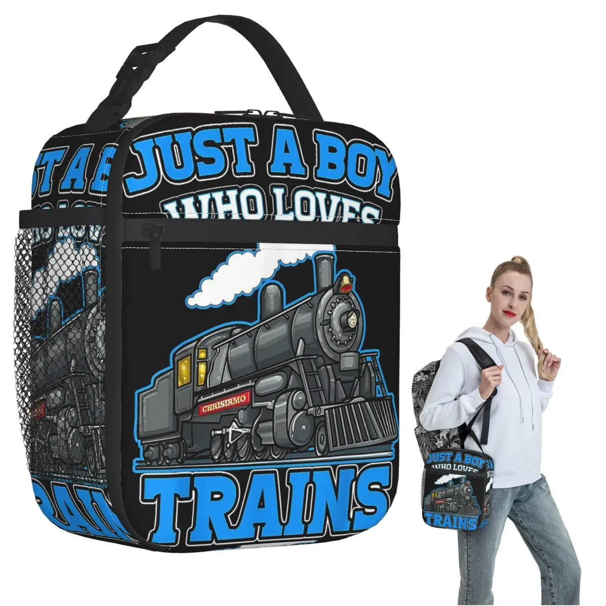 Just A Boy Who Loves Trains Funny Boys Trains Insulated Lunch Bag for Women Children Portable Food Boxes Thermal Lunch Box Tote