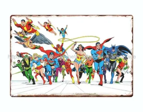 Reproducciones nostálgicas de superhéroes comics, señal de lata de metal