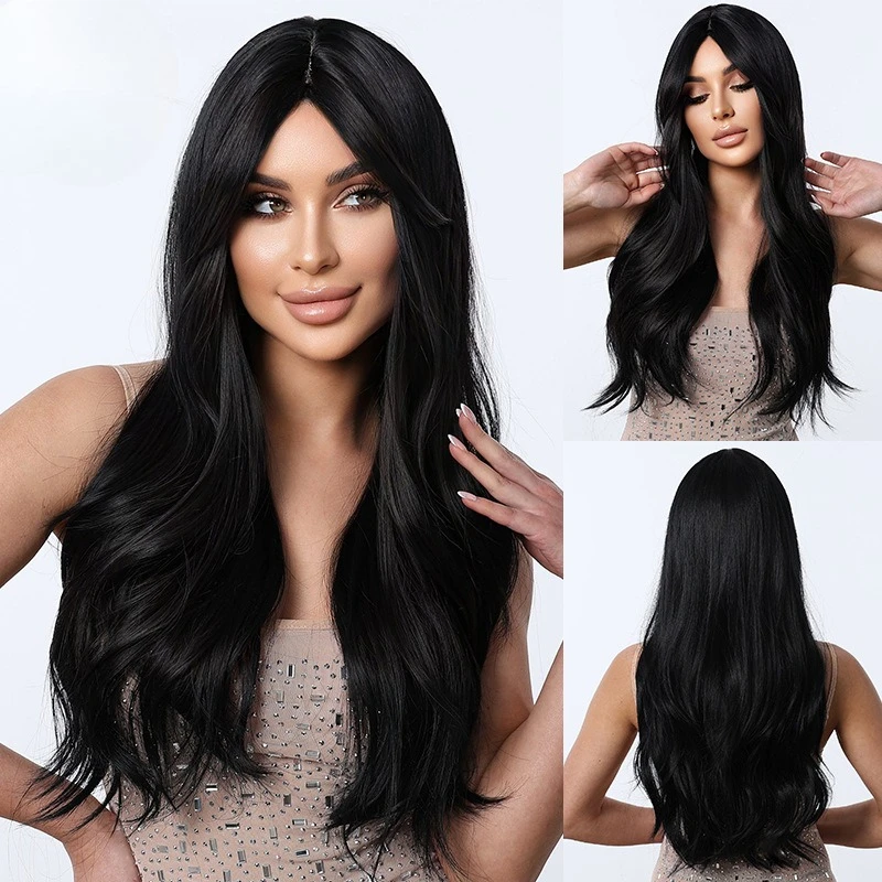 

European and American wigs, jet black big waves, long curly wigs, daily natural and supple women's full headgear wigs