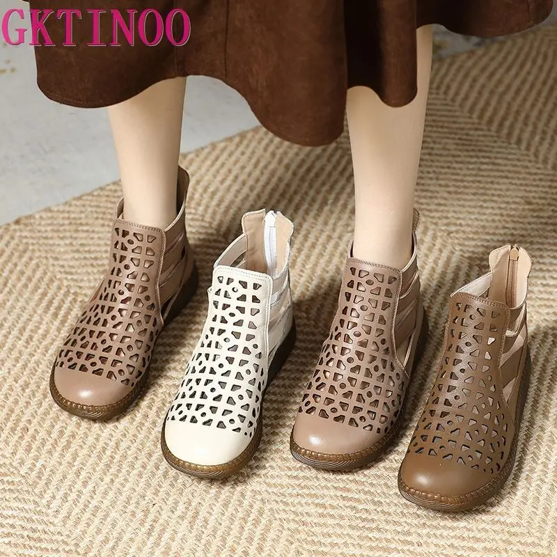 GKTINOO Large Size 2024 Genuine Leather Summer Sandals Breathable Hollow Boots Flat Soft Non-slip Comfortable Sandalias De Mujer