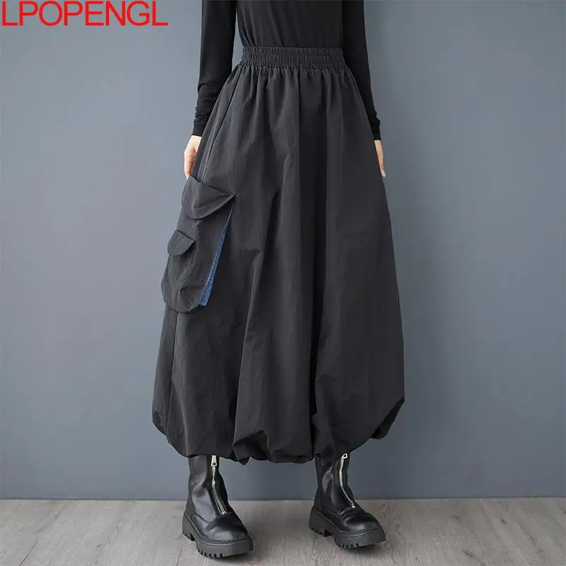 Fashion Spring And Summer Loose Casual Three-dimensional Pocket Denim Stitched Women\'s Mid-length Elastic Waist Vintage Skirt