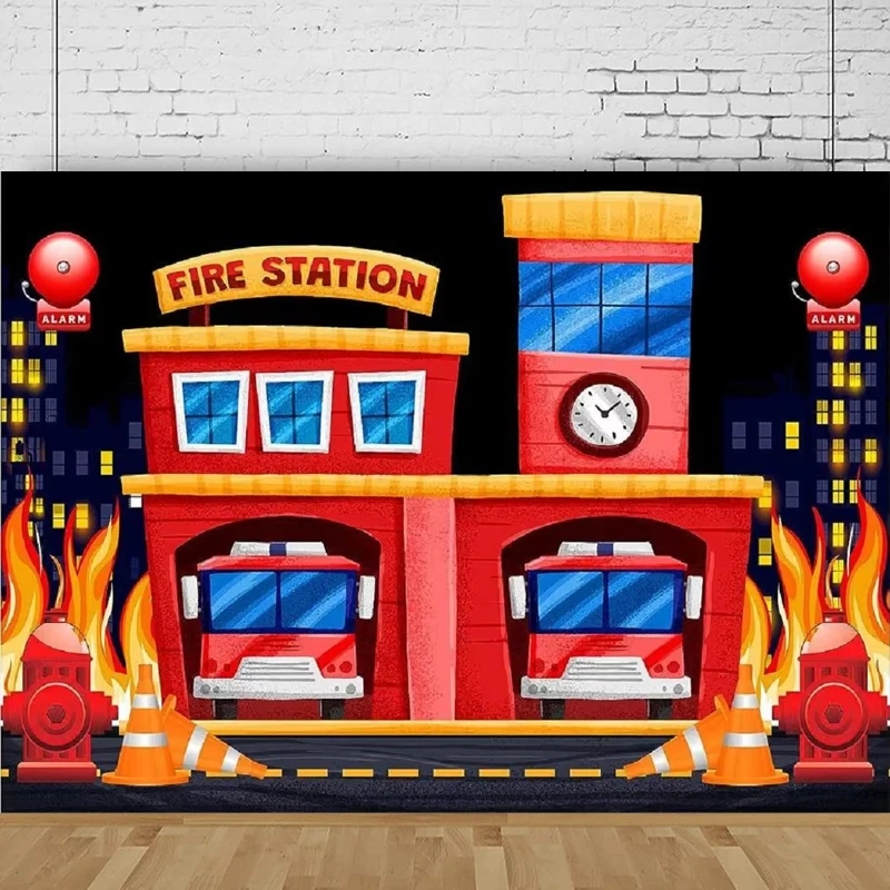 Fondo Fotográfico con Estación de Bomberos, Camión de Bomberos, Hidrante, Alarma, Silueta de Ciudad, Rescate, Bombero, Decoración para Fiestas, Póster