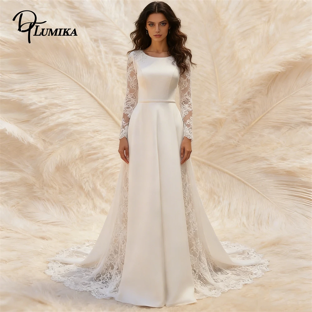 

Women's Ivory Satin Wedding Dress with Long Lace Sleeves Sheer Lace Train Formal Church Wedding Romantic Elegant Bridal Gown