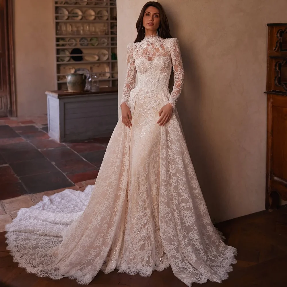 ชุดแต่งงานทรงเมอร์เมดแขนยาวลูกไม้หรูหราแบบสั่งตัด พร้อมชายกระโปรงถอดได้ คอสูงประดับลูกปัด ดีไซน์หรูหรา