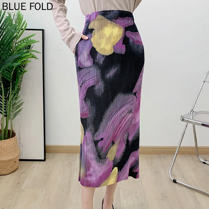 

MIYAKE Pleated Women's Thick Skirt Autumn Chinese Style Fashion Print Temperament Commuter Long Skirt A-line Skirt Elastic Waist