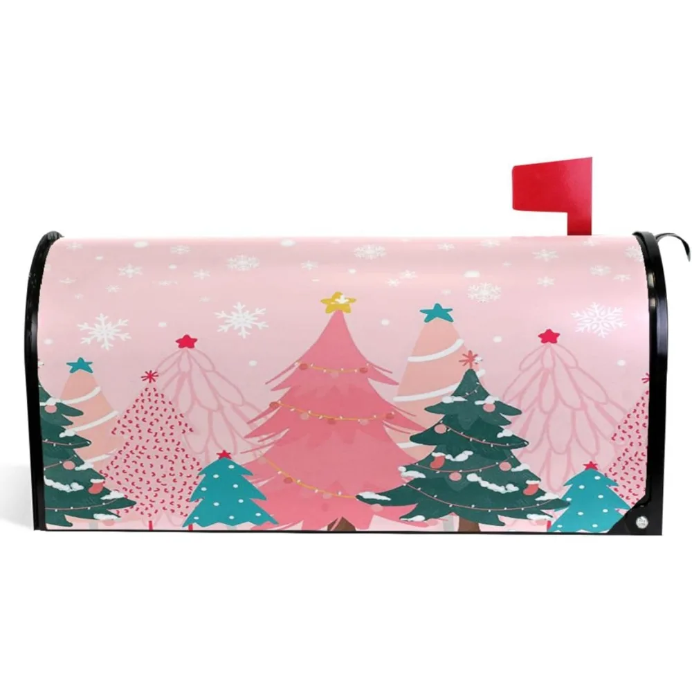 Pink Magnetic Christmas Tree Mailbox Cover with Snowflake Design, Standard Size 21"x18", Weather-Resistant Holiday Decor