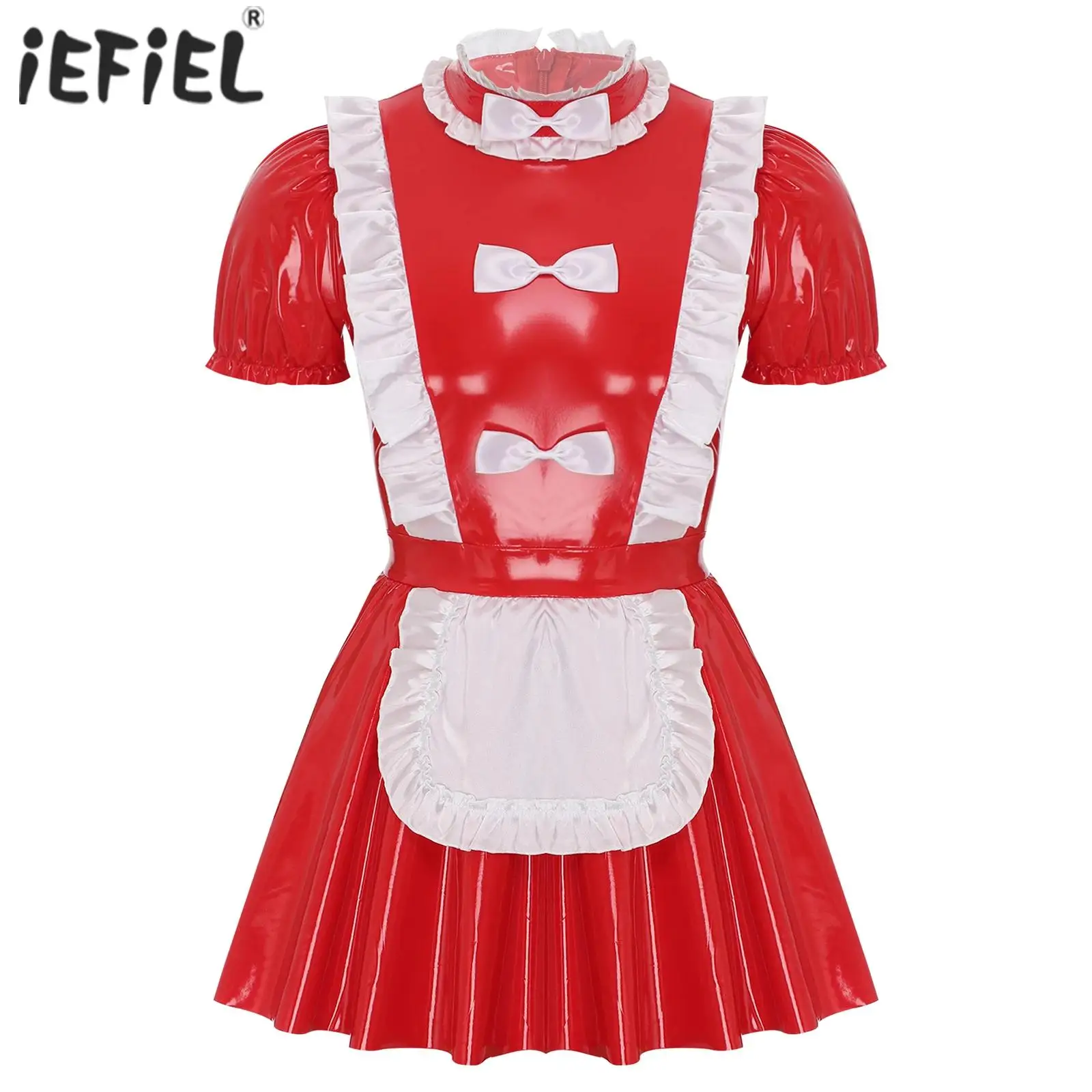 Mens Glossy Patent Leather Naughty Maid Uniform Clubwear Sissy French Maid Dress Ruffles Trim Bow Apron Puff Sleeve A-Line Dress