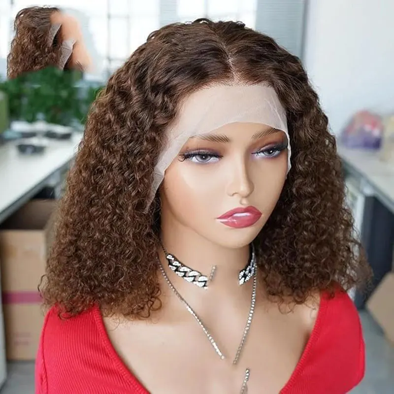 

Chocolate Brown Curly Bob Wig Human Hair Deep Wave 13x4 Hd Lace Front Wig 200% Density Short Brown Water Wave Human Hair Wig