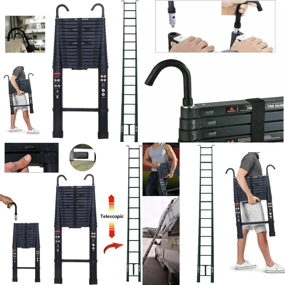 บันไดอลูมิเนียมแบบยืดหดได้ 20 ฟุต น้ำหนักเบาอเนกประสงค์ รับน้ำหนักได้ 330 ปอนด์ พร้อมตะขอเกี่ยวหลังคาแบบถอดได้ ได้รับการรับรองมาตรฐาน EN131 เหมาะสำหรับ