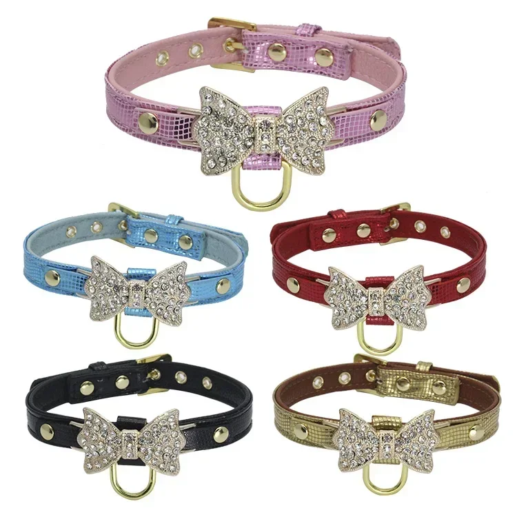 

Cute PU Leather Dog Puppy Collar Bling Rhinestone Bowknot Chihuahua Collar for Small Medium Larger Dog XS-L Dog Accessories