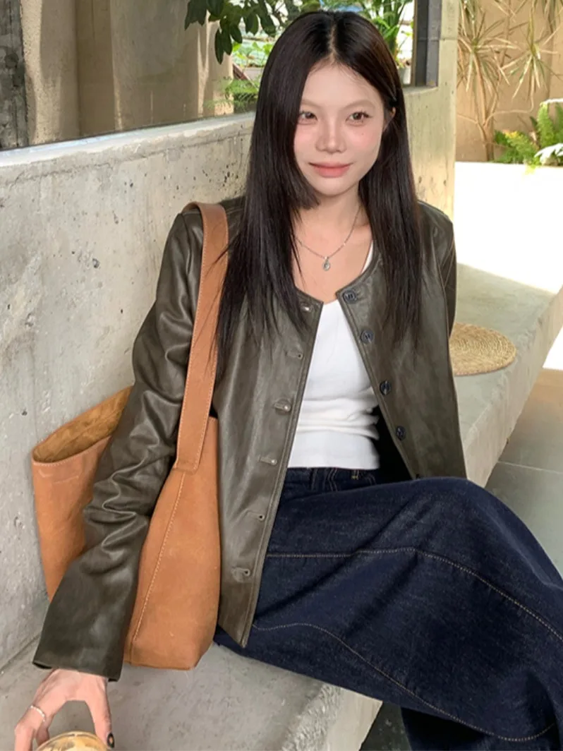 American Retro Single Button PU Leather Jaet Women Early Autumn New Sle Haome Loose Top Faionable Long Sve Coat