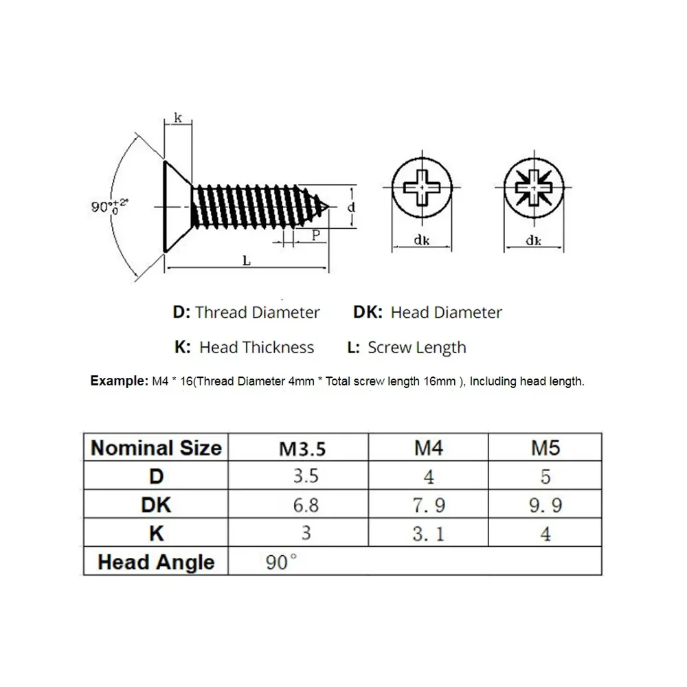 M3.5 M4x16/20/25/30/35/40/45/50/60mm Drywall Screw Cross Flat Head Wood Screw Color Zinc Plated Self Tapping Wood Screw