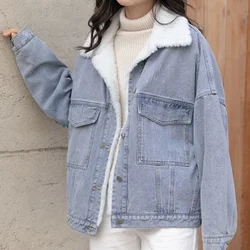 Outerwear Wool Inside Plain Warm Blue Denim Jacket for Women with Fur Plush Woman Jean Coat Winter 2025 Cold Padded Korean Outer