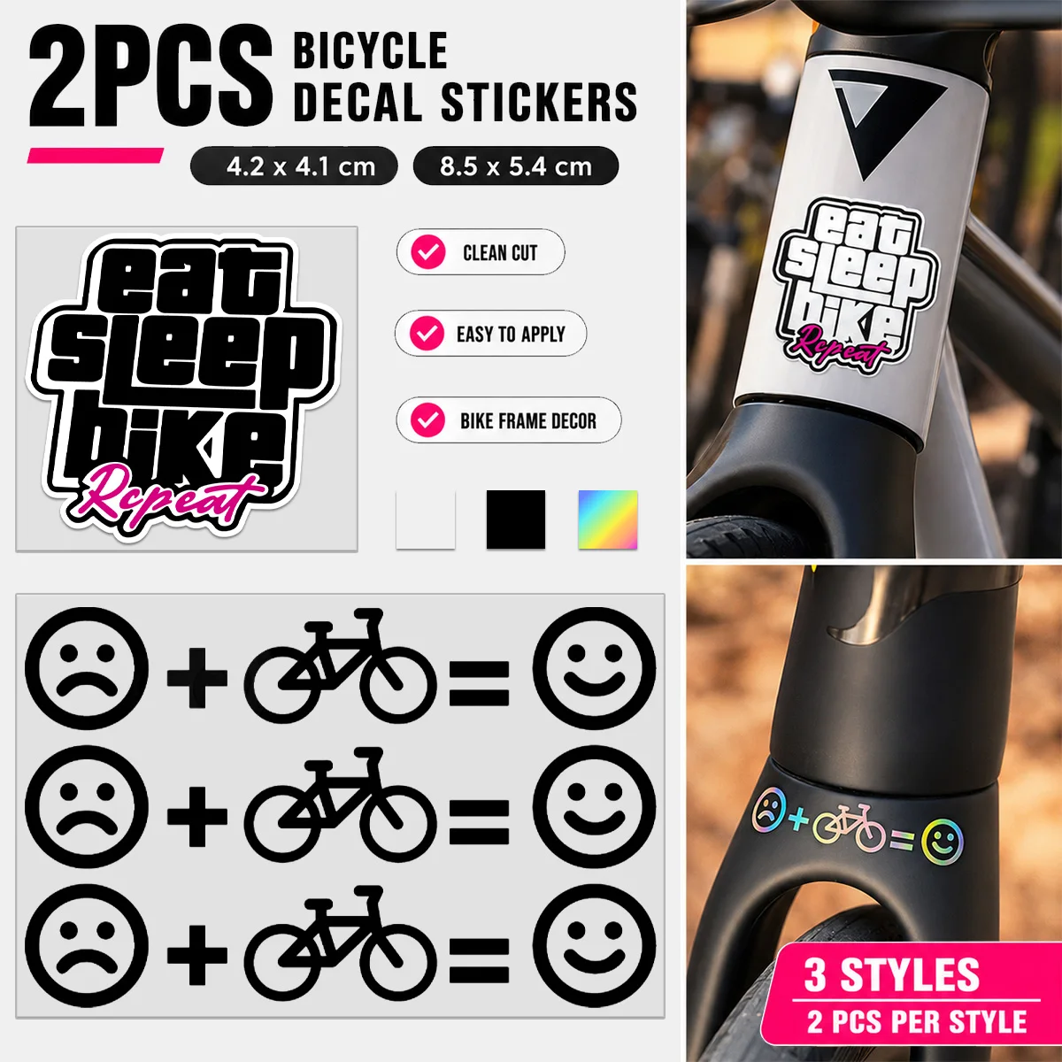 2SET Eat Sleep Bike Repeat Emoticon Personalized MTB Road Frame Decals Decorative Vinyl Mountain Bicycle Accessories Sticker Set