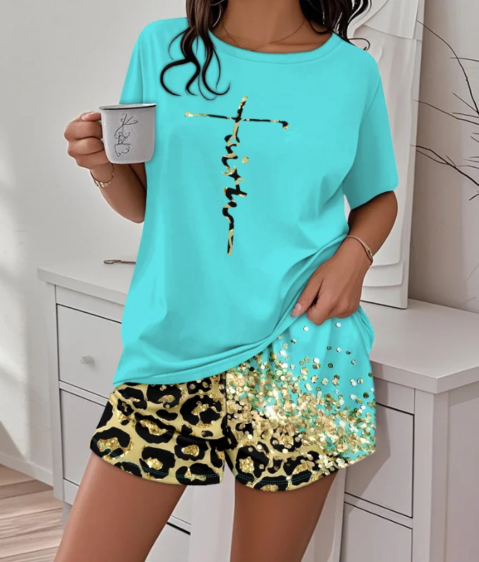 

2 Pieces Outfit Letter print Round Neck Short Sleeve Top and Leopard Print Shorts Set Loungewear Pajamas Set