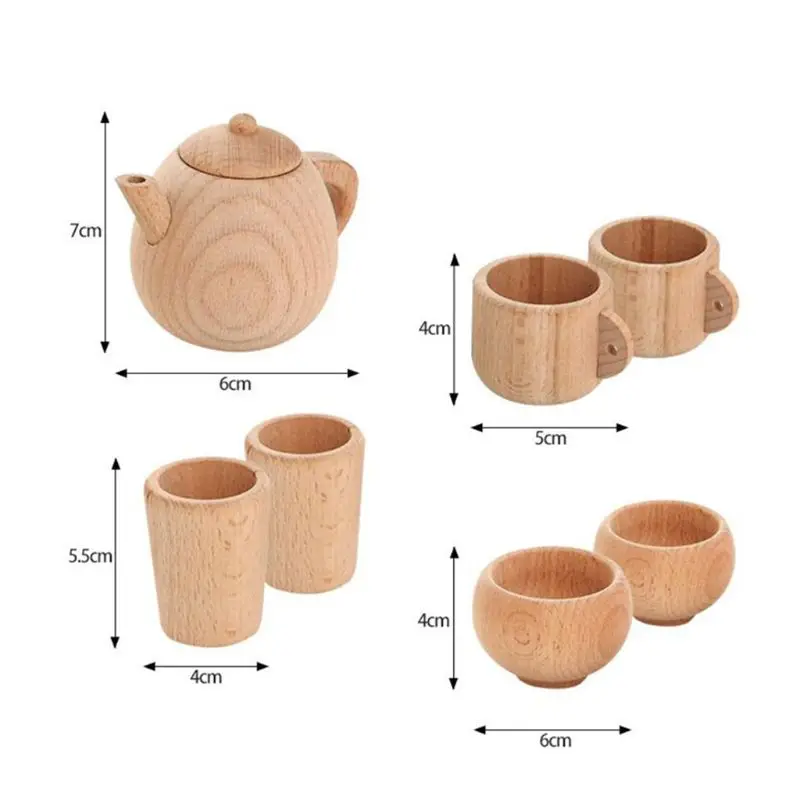 1Set Wooden Tableware Tools Tea Pot Tea Cup Teatime Party for Play Toy Dollhouse