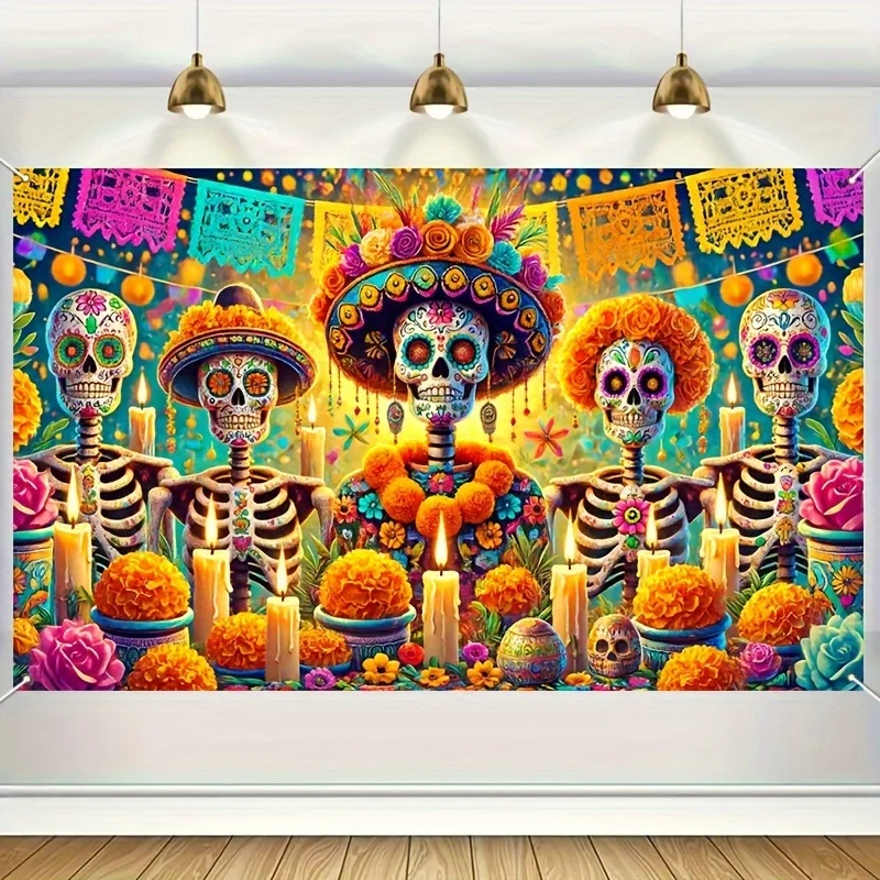 Colorful Skull And Marigold Halloween Day Of The Dead Banner Suitable For Photography Background Cloth Party And Home Decoration