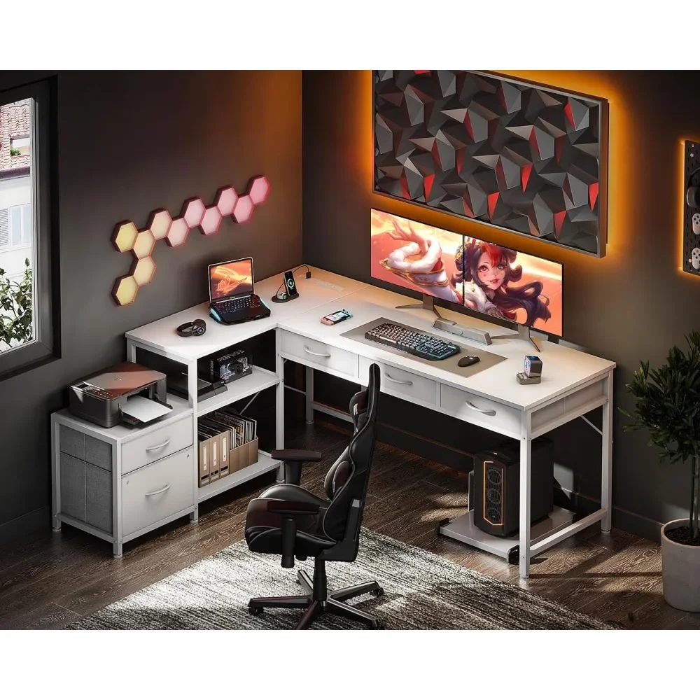 Mesa do computador em forma de L com tomada e Console Rack, reversível Home Office Workstation, branco, 61 pol