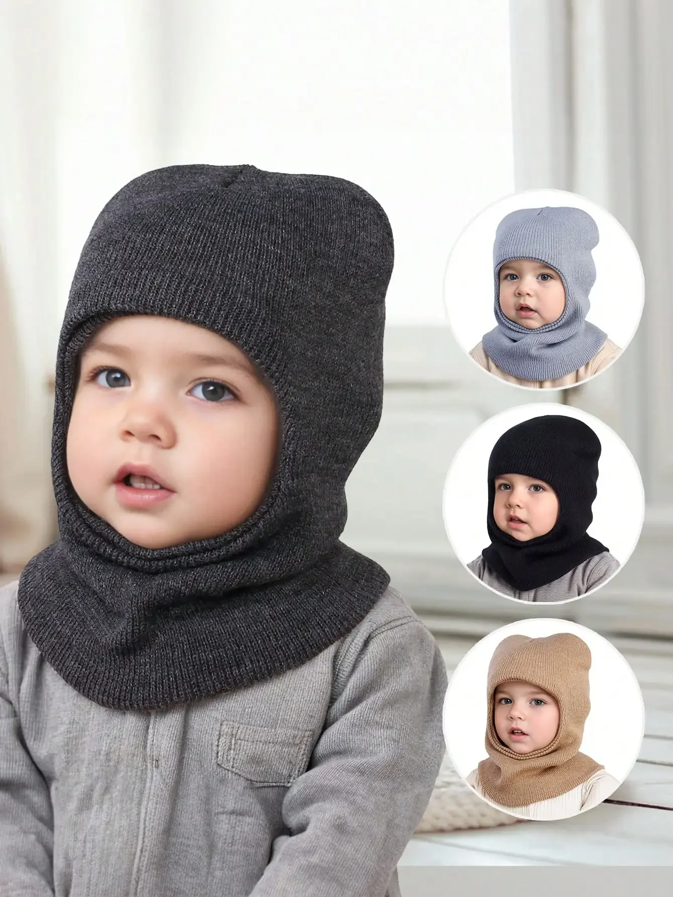

3-12Y Autumn and winter pullover hat, children's double ball ear-protecting one-piece cap, solid color cute woolen knitted one-p