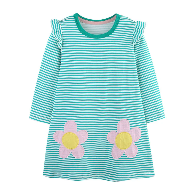 

Autumn Party Girls Dress 2-7T Long Sleeve Floral Applique Toddler Costume with Striped Pockets Flowers Embroidery Baby Clothing