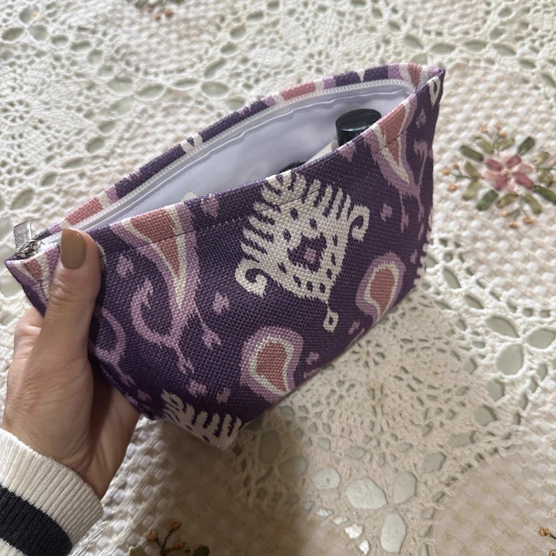 5pcs Cosmetic Bags Women Retro Cotton Linen Geometry Printing Protable Light Wash Bag