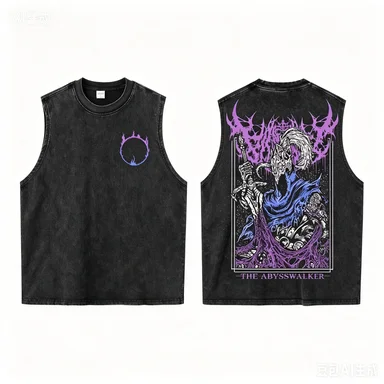 Men Women Black Washed Cotton Tank Top Sleeveless Gothic Knight & Flame Symbol Print Casual Streetwear Tee