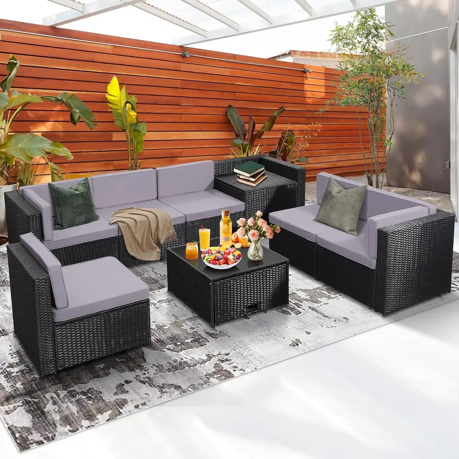 

8 Pieces Outdoor Wicker Rattan Patio Furniture Sectional Set, Glass Top Table with Hidden Storage, Black Color Rattan