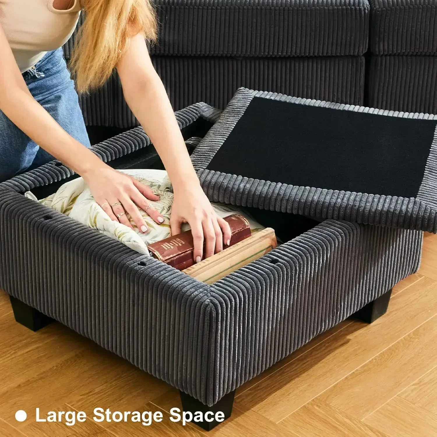 نائم مقطعي مع أريكة مقطعية للتخزين من سروال قصير عثماني مع كرسي أريكة مقطعية حديثة قابلة للتحويل باللون الرمادي الداكن #6