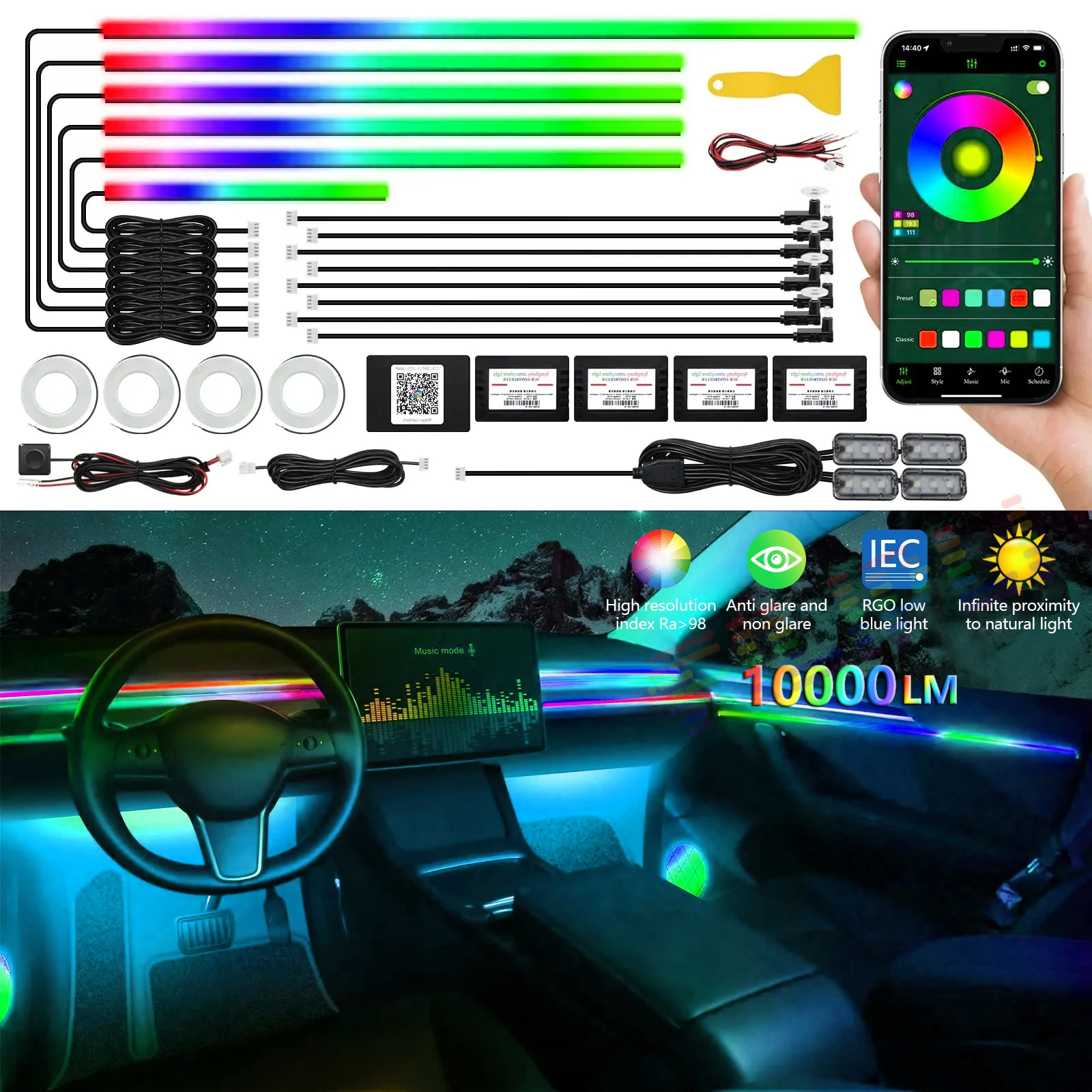 

22 in 1 Dual Zone Symphony LED Car Ambient Lights RGB 64 Colors Interior Rainbow Acrylic Strip Neon Atmosphere Lighting Kit App