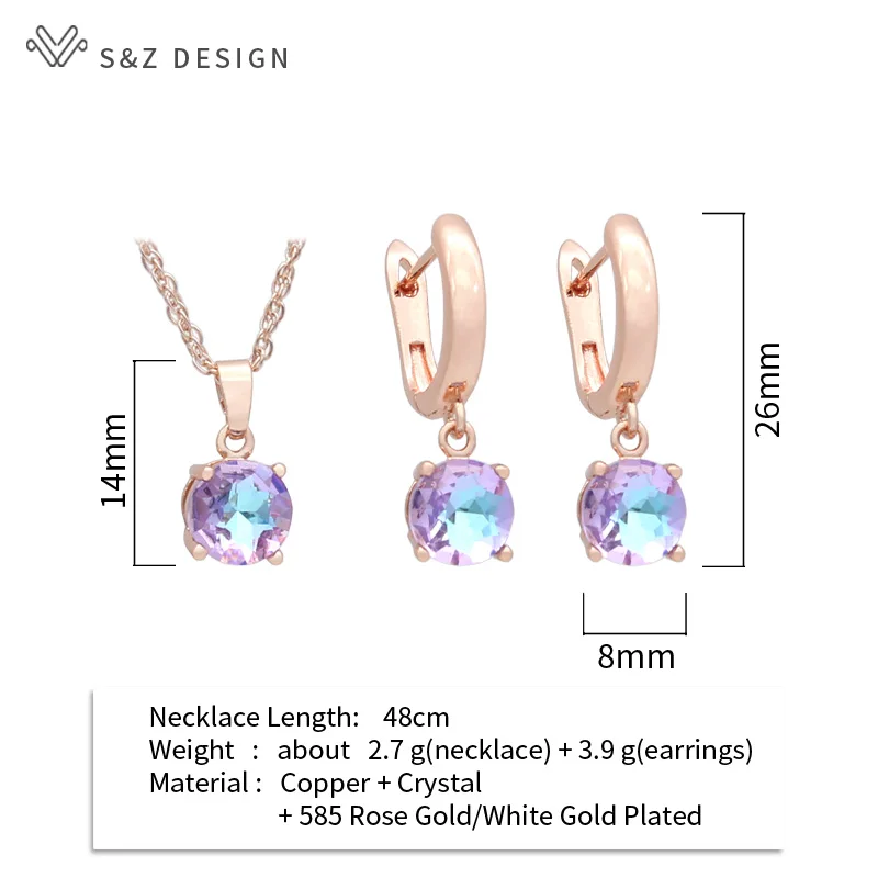 S&Z DESIGN New Fashion 585 Rose Gold Color Round Crystal Dangle Earrings Jewelry Sets For Women Wedding Pendant Necklace