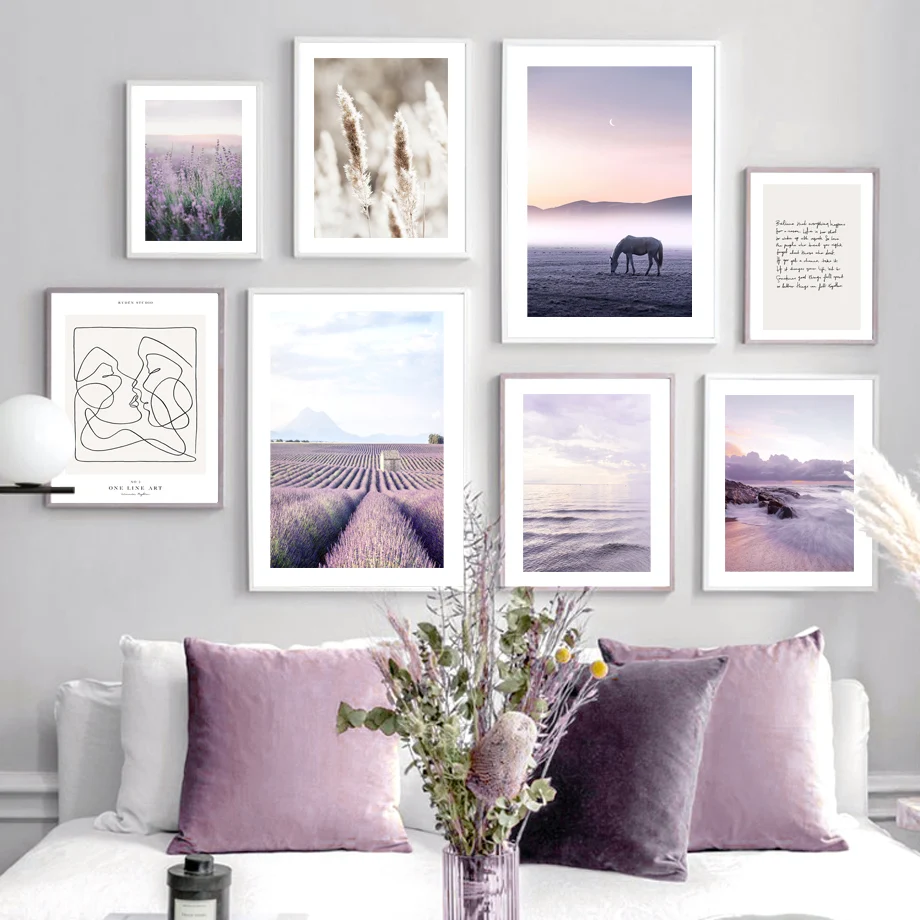 Purple Sea Waves Cloud Field Tree Flower Horse Grass Poster Wall Art Mural Print Canvas Painting Decor Pictures For Living Room