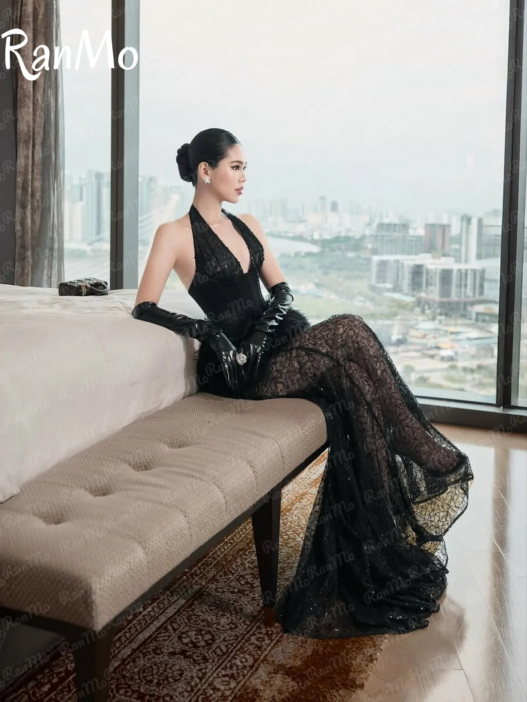 Ranmo 2025 فستان سهرة أنيق هالتر حورية البحر ريشة بدون أكمام مخصص مطوي Fساتين شير فستان حفلات بدون أكمام