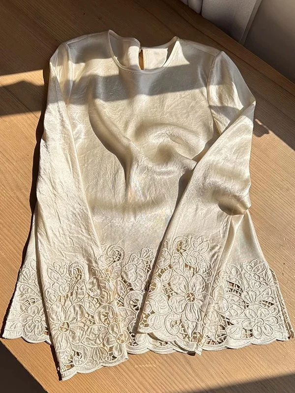 

Acetate Satin Long Sve Hollow out Casual irt Women's Premium Feeling Spring New Sle Loose Fit Polyester Viscose Blend