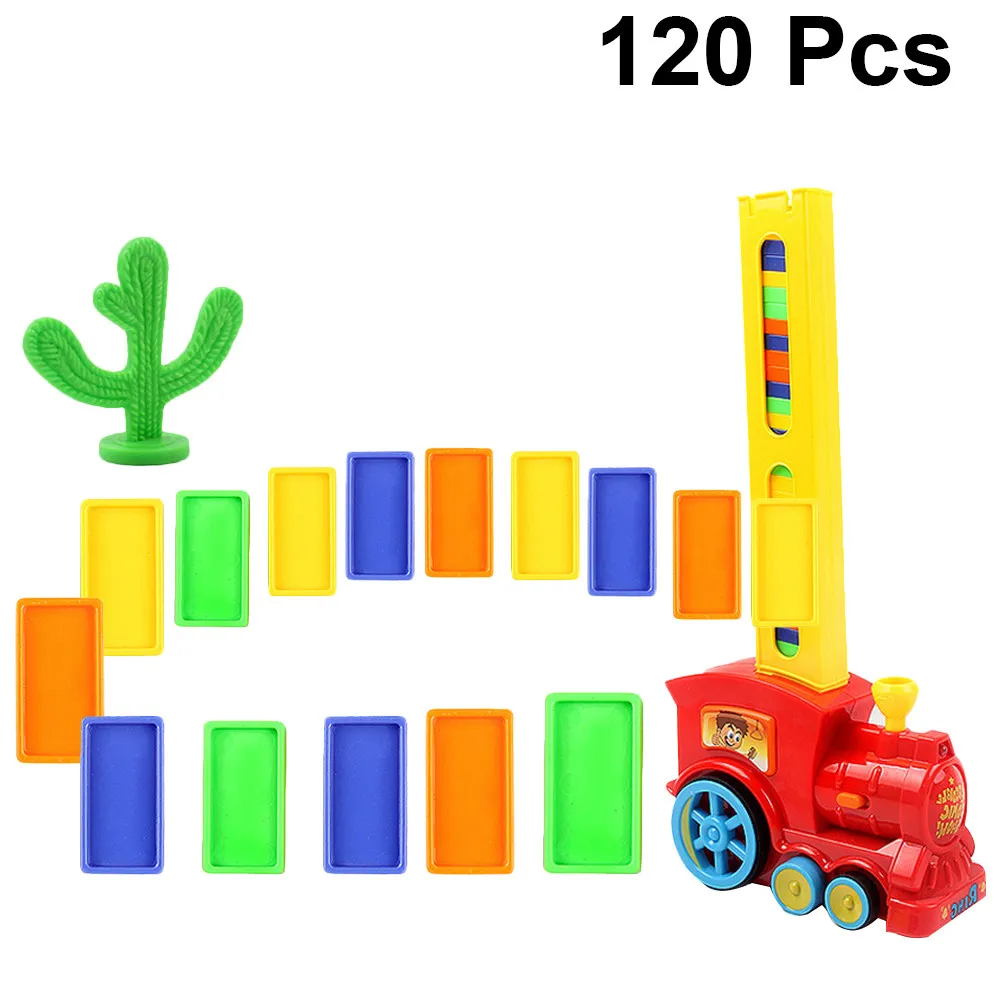 รถไฟโดมิโนไฟฟ้า 120 ชิ้น ชุดของเล่นโดมิโน DIY สำหรับเด็กเล็ก ฝึกสมดุล สีแดง พร้อมแท่นวางอัตโนมัติ สนุกและเสริมพัฒนาการ
