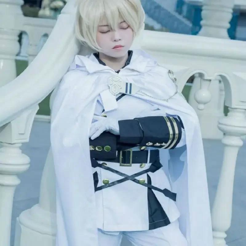 

Japanese Anime Seraph of The End Mikaela Hyakuya Cosplay Costume Comic Cartoon White Combats Uniform Cape Pants Set with Wig