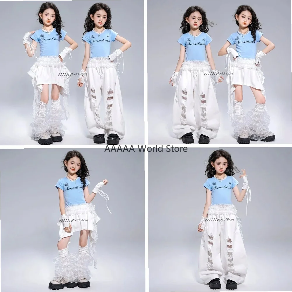 

Cosplay Kpop Hip Hop Distressed Ripped Pants and Lace Trim T Shirt Set for Girls Jazz Dance Costume