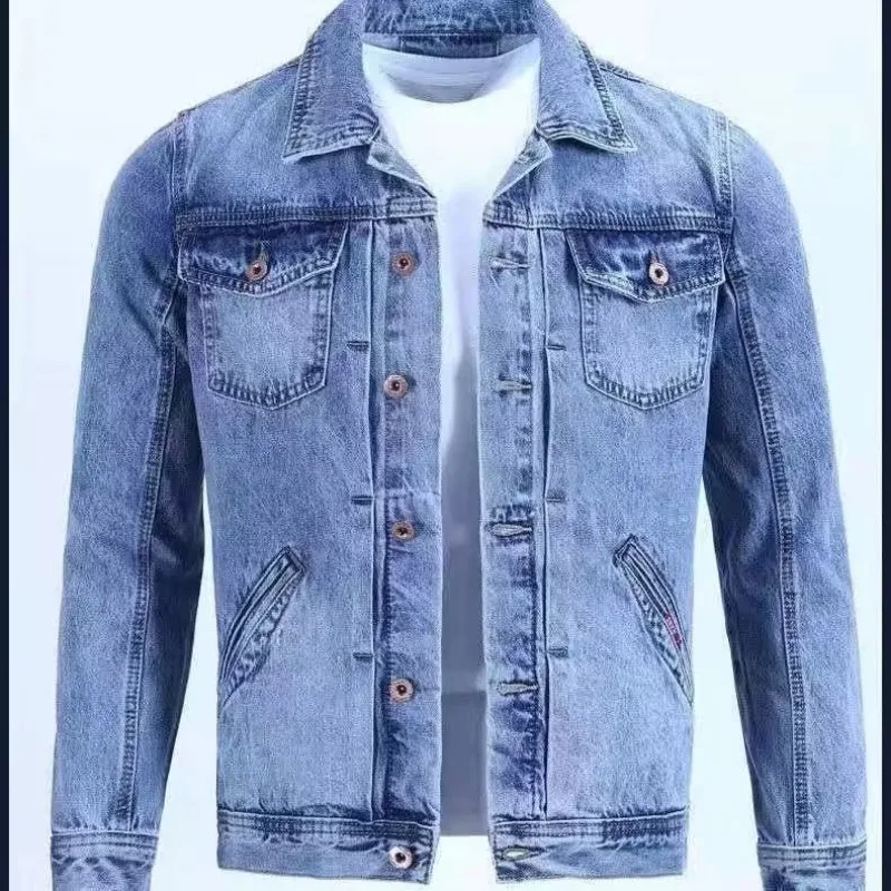 

Blue Denim Coats Vintage Button Pocket Spliced Tops Autumn Long Sleeves Large Size 4XL Lapels Jackets Slim Fit Casual Outerwear