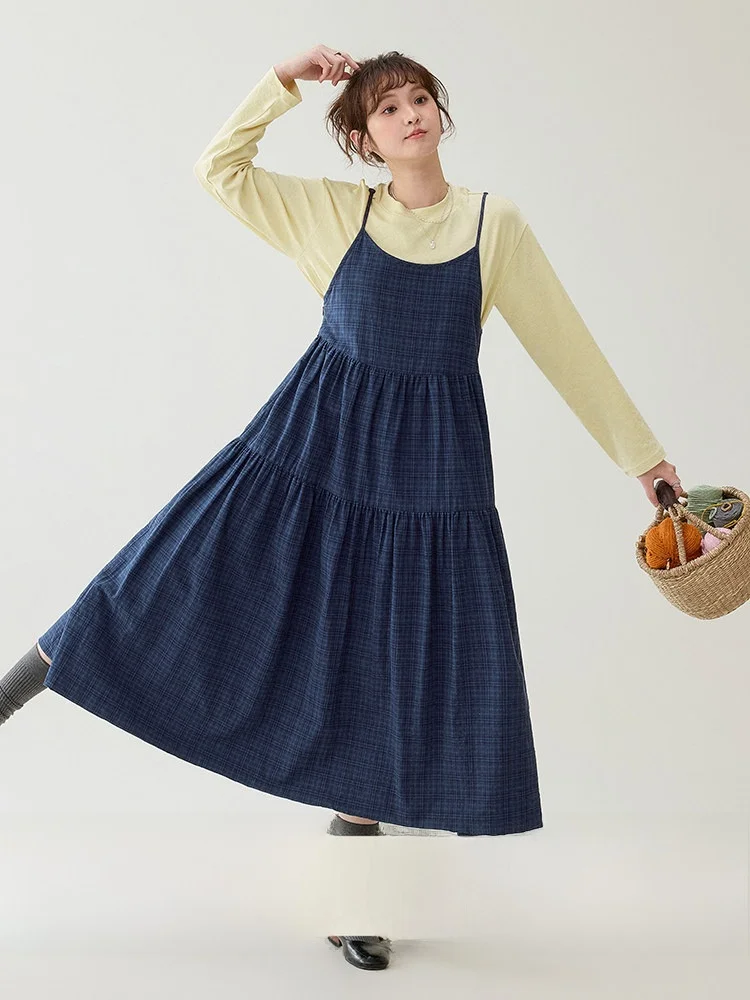 

Оригинальное женское платье AMUU с синим клетчатым принтом и бретелями, новинка ранней весны, многослойное, удлиненное, в корейском стиле, для повседневной носки, с эффектом омоложения