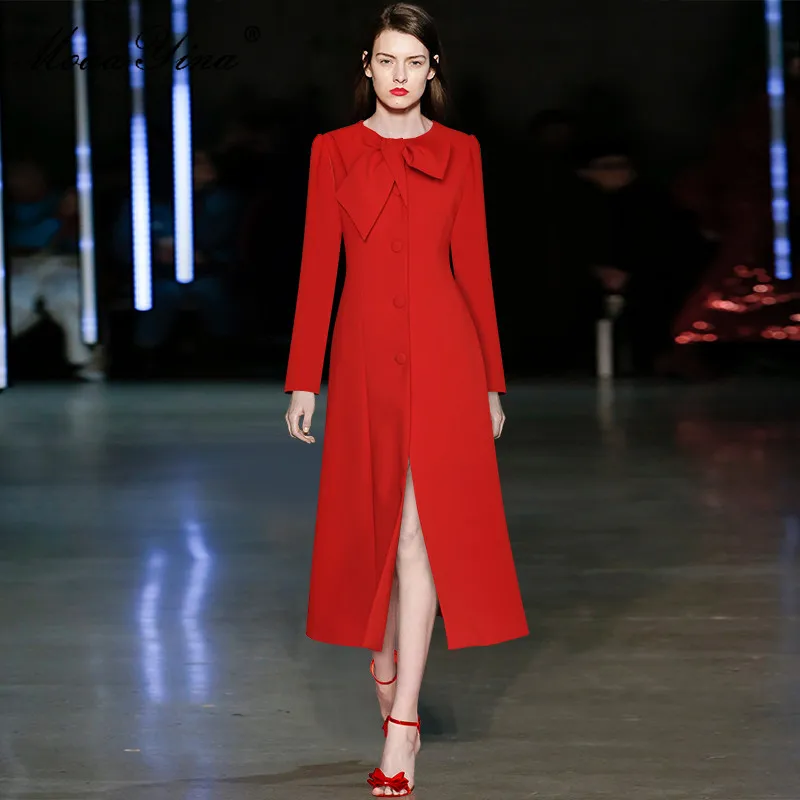 MoaaYina Fashion Runway dress Autumn Winter Women Dress O-neck Bow Long Sleeve Single Breasted Split Thickened Red Dresses