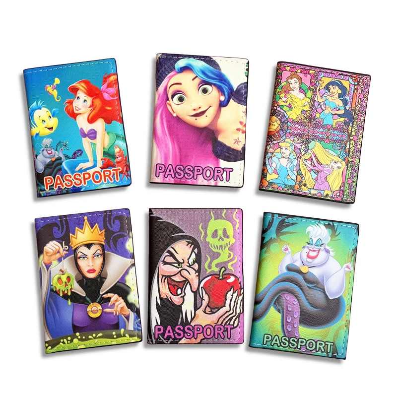 Disney Mermai Princess Passport Cover Villains Travel Passport Holder For Women Leather Function Business ID Card Holder Tangled