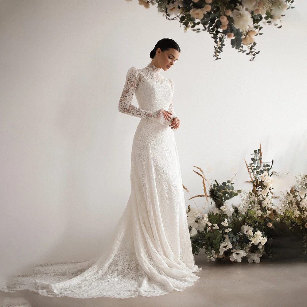 

Lace Wedding Dresses High Neck Long Sleeve Elegant Bride Dress Mermaid Sweep Train Bridal Gown Customized vestidos de novia