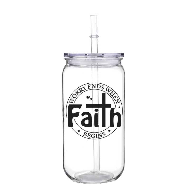 16oz Printed PET Cup With Straw Transparent Lid Jesus Faith Pattern Cup Can Hold Milk Juice Beer Plastic Cups