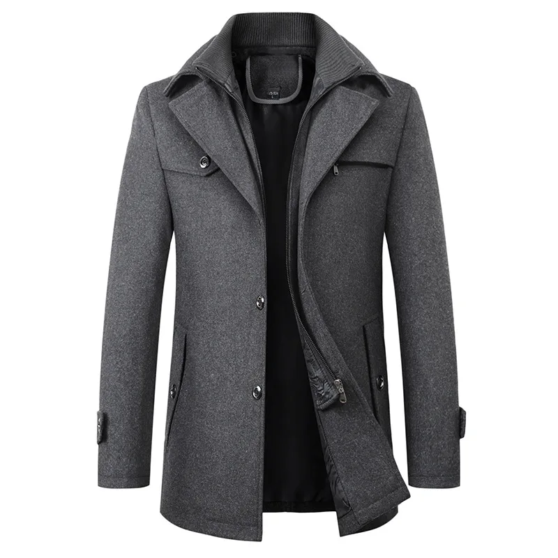 

Men's Woolen Coat Double Collar Autumn Winter New Sle Faionable Casual Long Length Slim Fit mid Year Straight Hem Side Po...