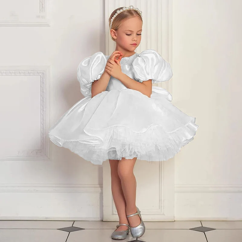 White Flower Girl Dresses For Wedding Toddlers Puff Sleeves Princess Pageant Dress With Bow Kids First Communion Party Gowns