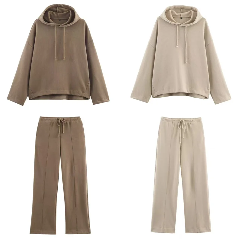 

Женский комплект, осень 2023, новый стиль, однотонная простая свободная толстовка с длинными рукавами и широкие брюки, комплект, повседневная мода, спорт